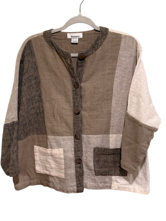Sango Jackets & Blazers - Sango Neutral Patchwork 100% Cotton Button-Front Blazer in Beige and Taupe
